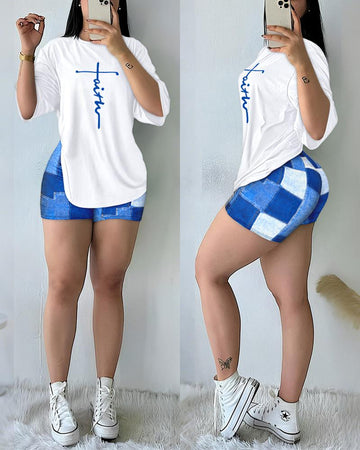 2 Pieces Outfit Faith Print Round Neck Short Sleeve Top and Denim Look Print Shorts Set